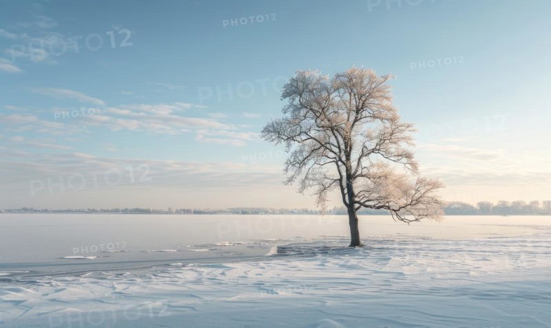 A solitary tree standing on the frozen shore of a lake AI generated