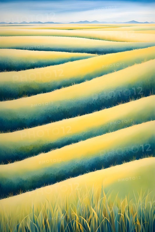 AI generated abstract painting of grasslands under a blazing sunset waves of greens