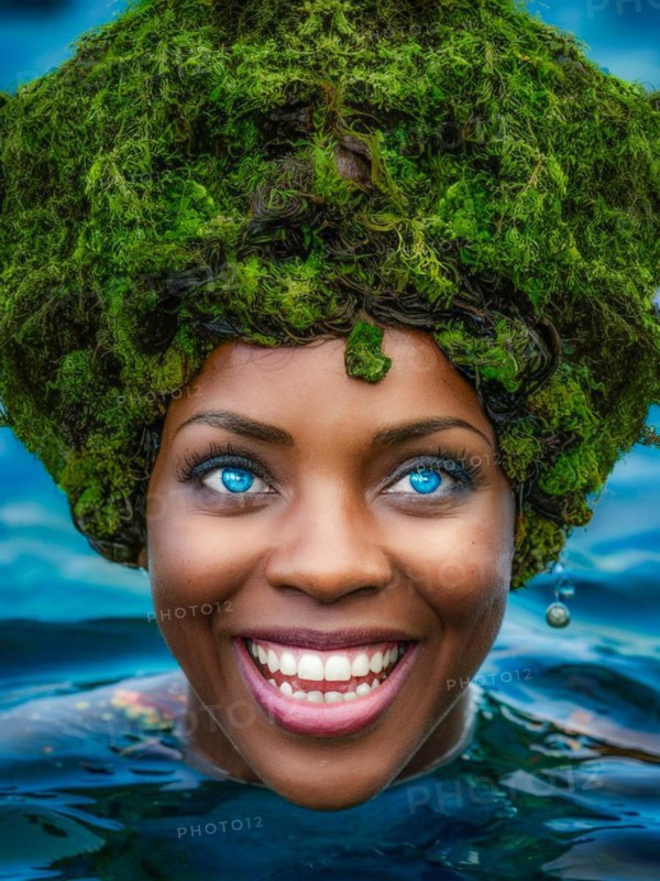 Beaming woman with moss hair, water droplets, in vibrant blue ocean, earth day concept, AI generated
