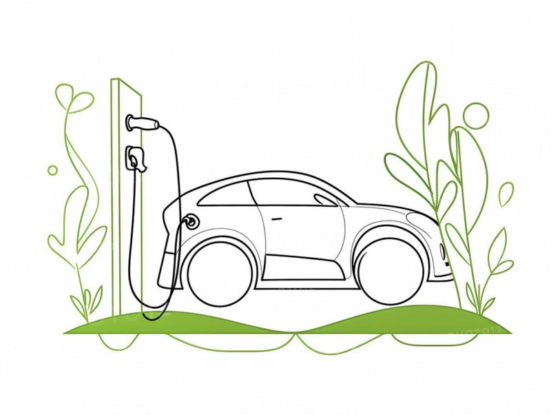Simple outline drawing of an eco-friendly car at a charging station with greenery, illustration, AI generated