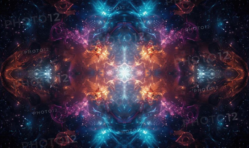 Symmetrical abstract celestial design with vibrant fractal elements in blue, purple, and orange AI generated
