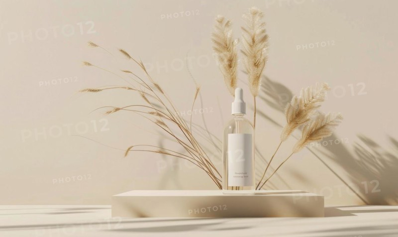 Studio shot of a minimalist glass bottle mockup containing a high-quality natural skincare serum AI generated