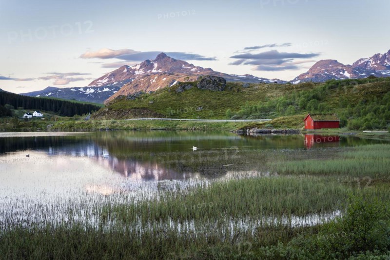 Landscape in the Lofoten Islands. Lake Holdalsvatnet with vegetation on the shore. A red wooden house. Mount Blatinden and other mountains in the background. The landscape is reflected in the lake. At night at the time of the midnight sun in good weather, blue sky. Vestvagoya, Lofoten, Norway, Europe