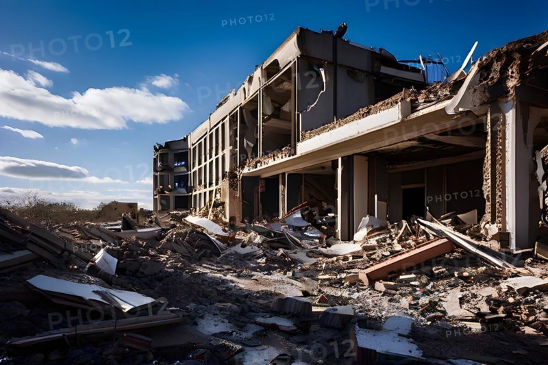 Neglected hospital section with collapsed roof elements, AI generated, hospital, damage, abandoned, ruin, decrepit