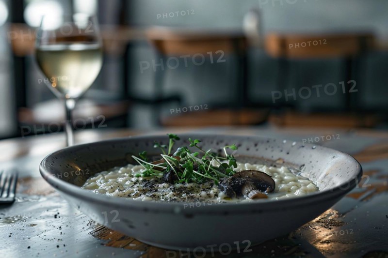 A bowl of gourmet risotto topped with truffle and fine herbs in a cozy, dimly lit ambiance, AI generated