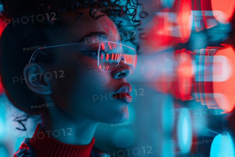 Woman in a cyberpunk inspired setting with colorful neon reflections on glasses, AI generated