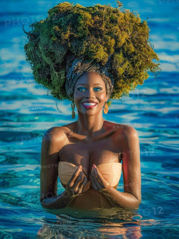 Confident woman in tan swimsuit with moss hair moss growing and thriving, creating a mystical and enchanting effect, standing in the ocean at sunset, earth day concept, AI generated
