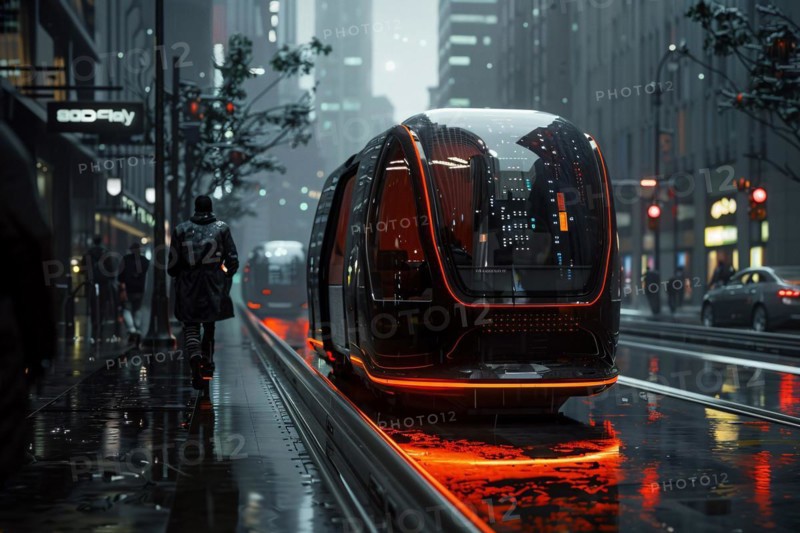 A futuristic tram with red glowing lights travels through a wet urban streetscape at evening, AI generated