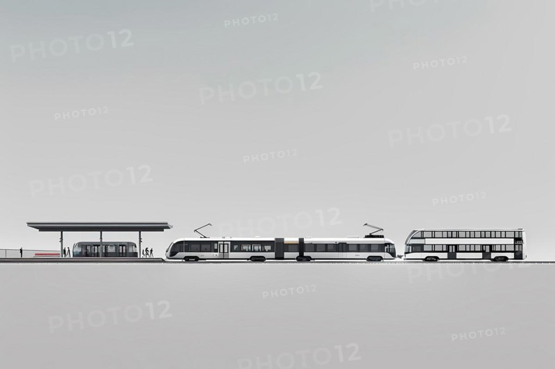 A minimalist urban setting with a tram at a bus stop in monochrome tones, illustration, AI generated