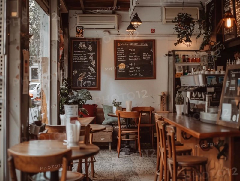 A cozy vintage cafe interior with wooden furniture and warm lighting, coffee shop, Rome, Italy, AI generated, Europe