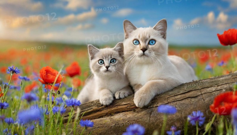 KI generated, animal, animals, mammal, mammals, cat, felidae (Felis catus), a cat and a kitten resting in a meadow with colourful flowers