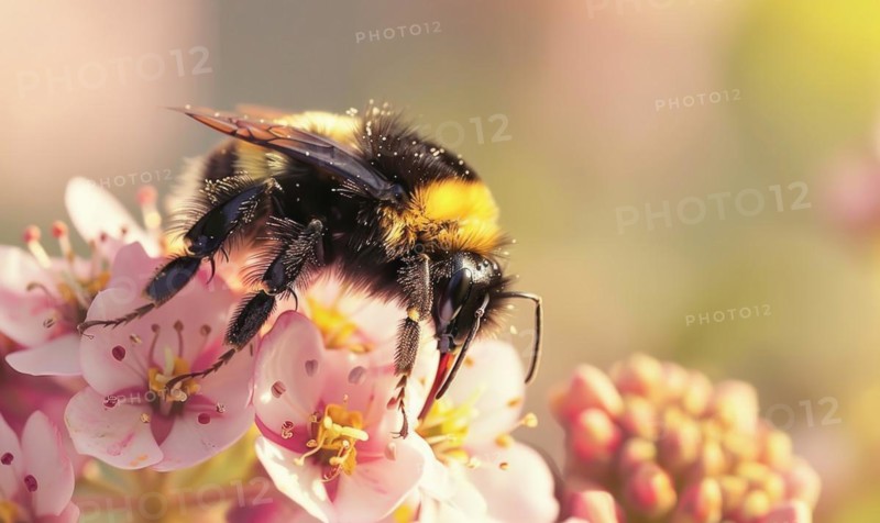 Bumblebee collecting pollen from flowers, closeup view, selective focus AI generated