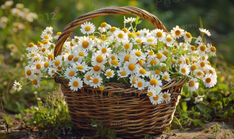 Chamomile flowers in a wicker basket AI generated