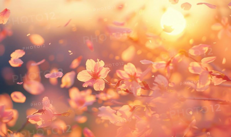 Cherry blossom petals in the breeze, floral background, soft focus, blurred background AI generated
