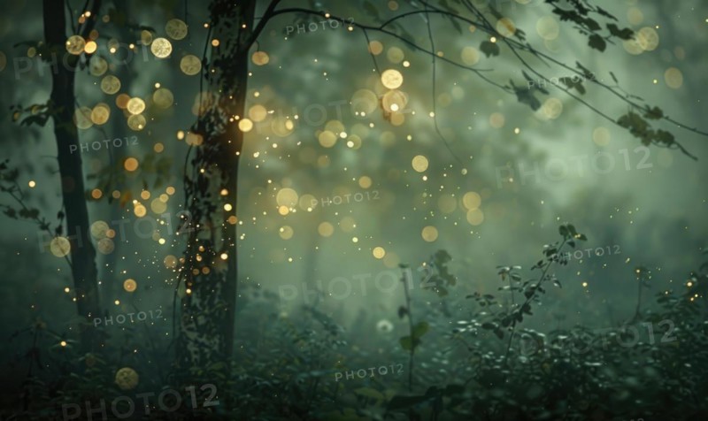 Ethereal bokeh lights diffusing through mist in a mystical woodland, nature background AI generated