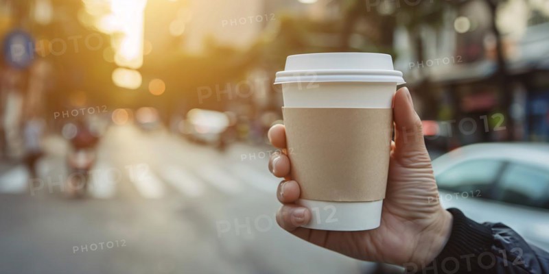 Person's hand holding disposable coffee cup with blurry city in background. KI generiert, generiert, AI generated