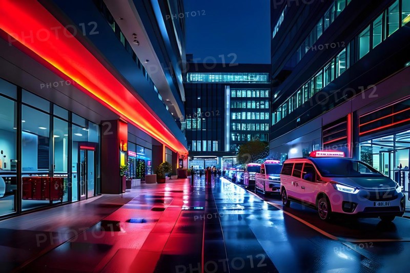 High tech emergency entrance of a modern contemporary hospital bathed in soft led lighting, AI generated, modern, architecture
