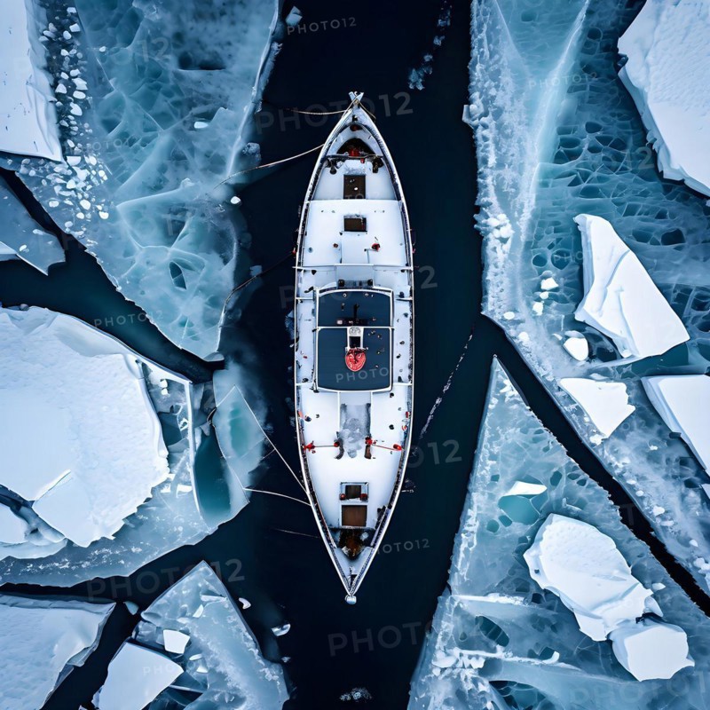 Aerial view of churned ice and open water trailing an icebreaker through pristine icy wilderness, AI generated
