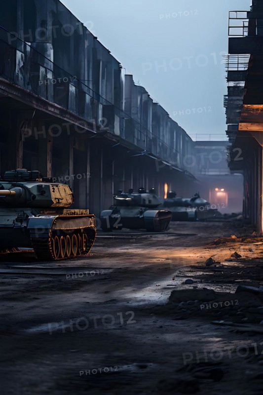 Deserted military base featuring empty barracks and abandoned tanks in silent, AI generated