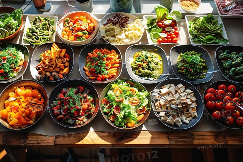 A colorful buffet spread featuring a variety of fresh, healthy salads, AI generated
