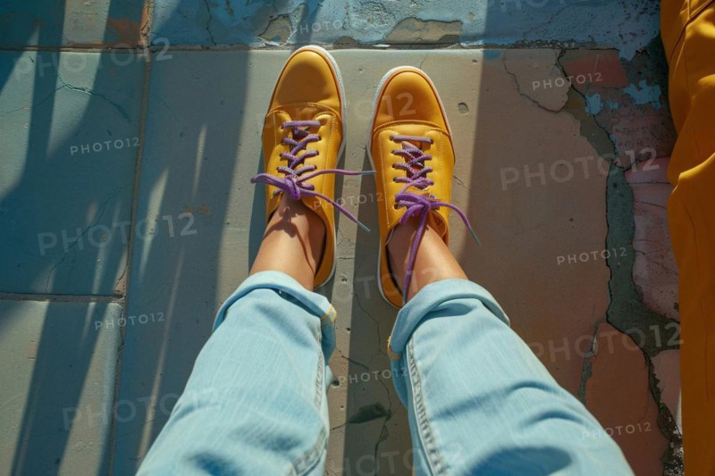 Looking down at yellow sneakers, a personal perspective with blue jeans and textured ground, AI generated