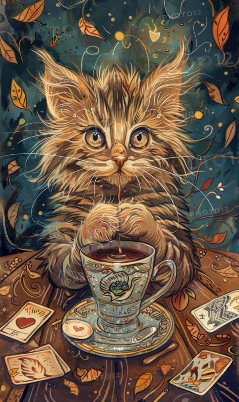 A cat is sitting on a table with a cup of tea and playing cards. The cat appears to be enjoying its tea and the game of cards AI generated
