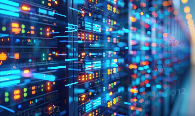 Cloud computing background with server racks and digital data streams AI generated