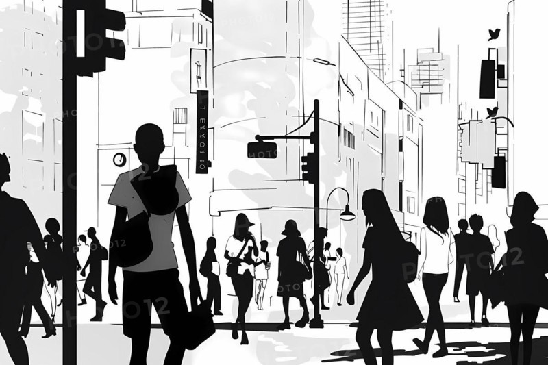 Monochrome silhouette of an urban scene with anonymous pedestrians crossing a busy city street, illustration, AI generated