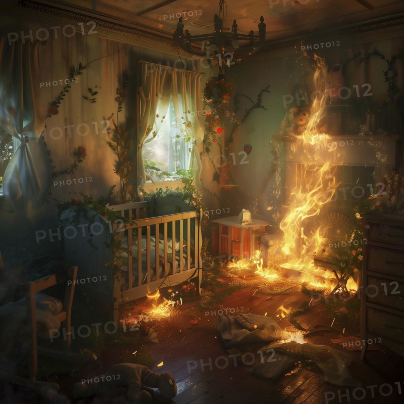 A fierce fire breaks out on the hob in a kitchen, AI generated
