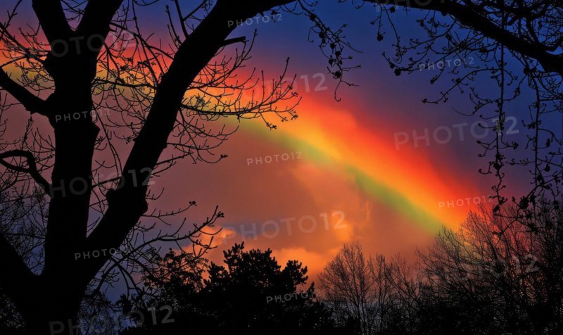 Colorful rainbow after spring rain, rainbow on dark cloudy sky AI generated