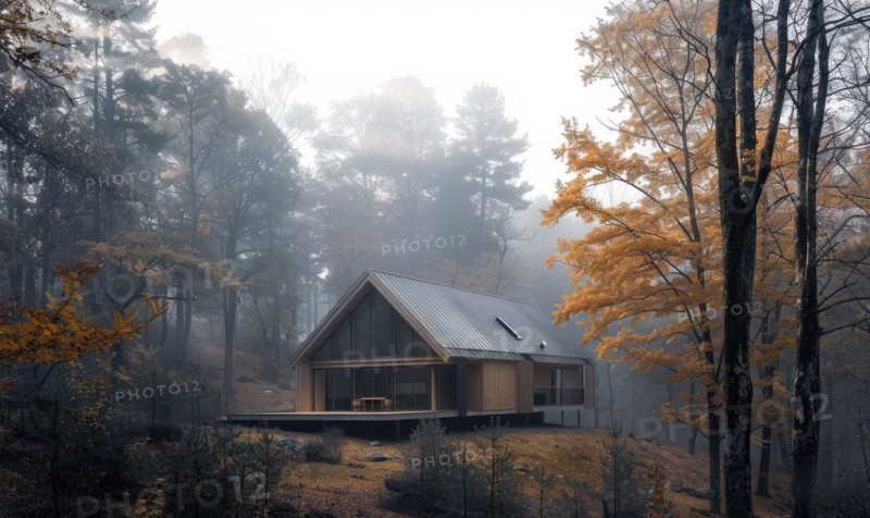 Morning mist enveloping a contemporary wooden cabin hidden deep within a spring garden filled with blooming irises and lilies AI generated
