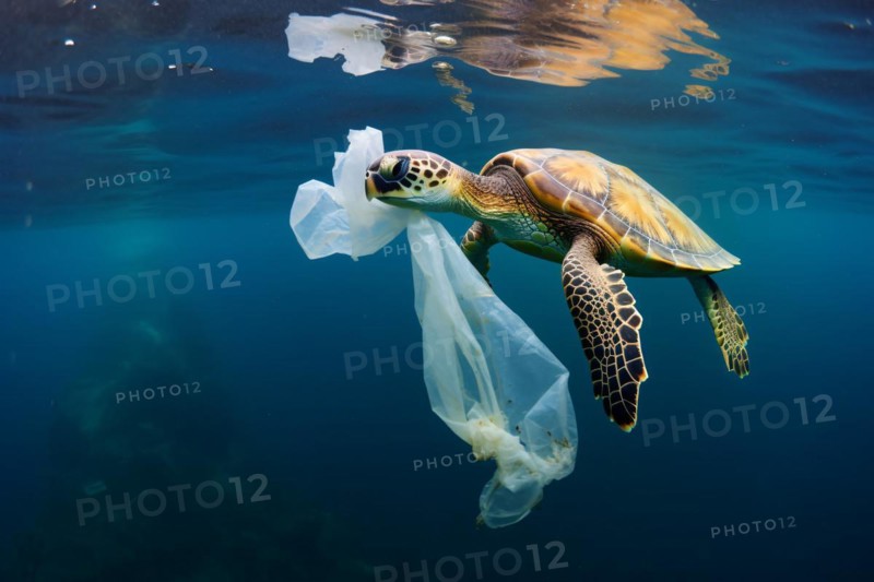 Sea turtle with plastic waste in ocean. KI generiert, generiert, AI generated