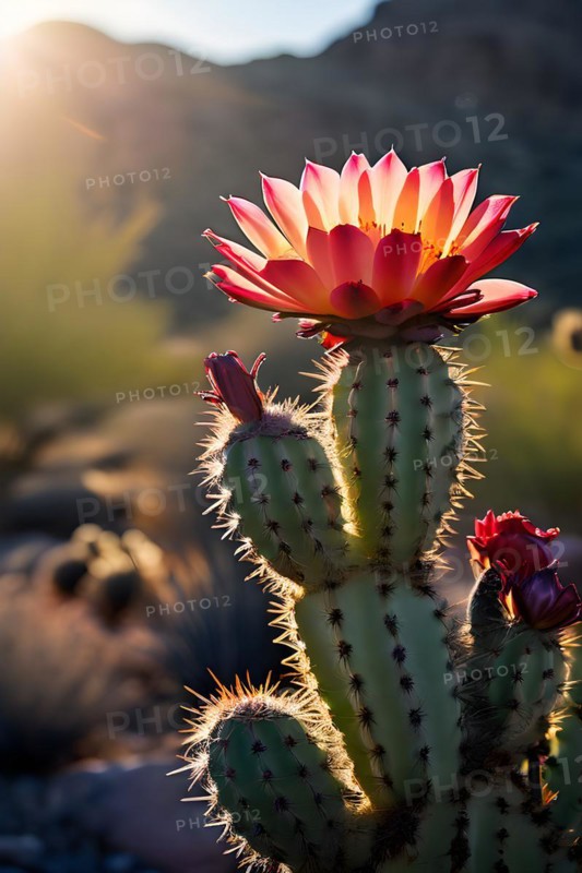 Saguaro cactus with vibrant flower in full bloom in early morning light, AI generated
