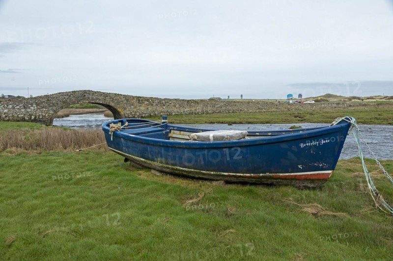 Stone bridge, fishing boat, Aberffraw, Isle of Anglesey, Wales, Great Britain