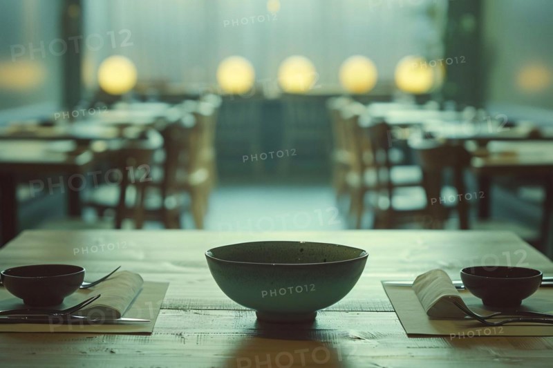 Dimly lit restaurant interior with empty bowls on wooden tables and glowing warm lights, AI generated