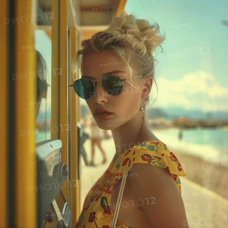 Young woman in summer clothes using a phone box, in the background you can see a beach, AI generated