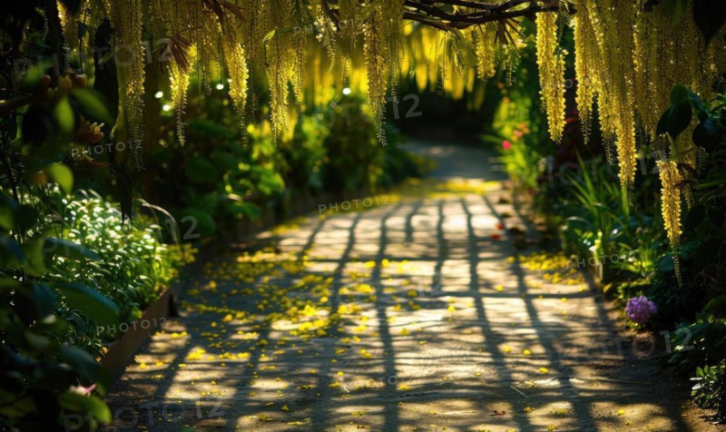 Laburnum flowers casting dappled shadows on a garden path AI generated