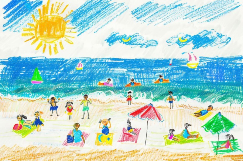 Beach scene bathing holiday by the sea, drawing with coloured pencils by a child of preschool age, primary school age, AI generated, AI generated, AI generated