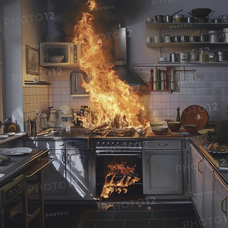A wall of flames engulfs the kitchen equipment in a devastating fire, AI generated