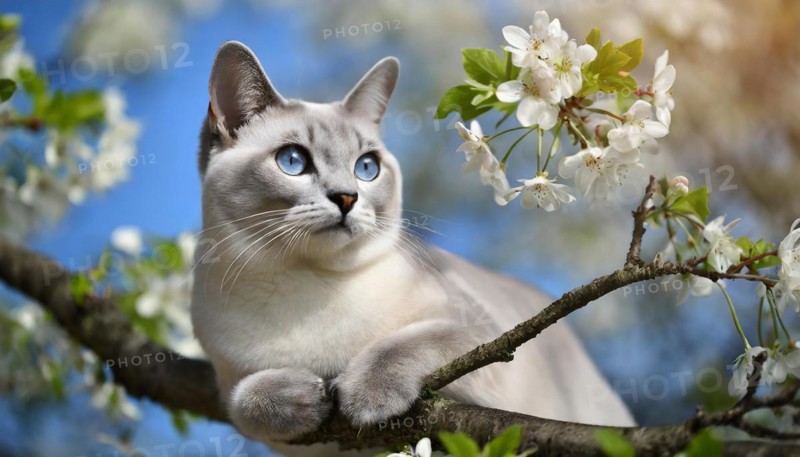 AI generated, animal, animals, mammal, mammals, cat, felidae (Felis catus), a cat resting on a tree, tree blossom, spring, summer