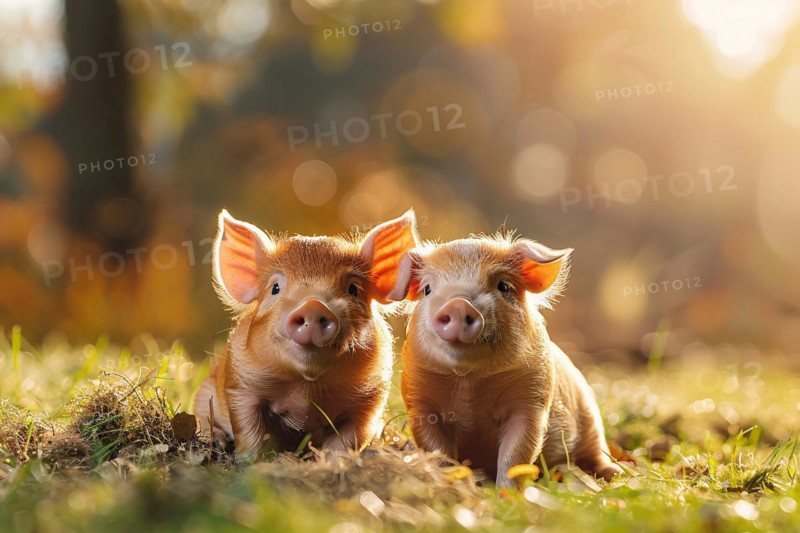 Pair of cute little piglets in grass. KI generiert, generiert, AI generated