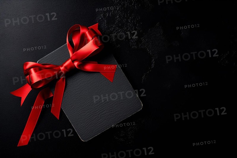 Black empty label with red ribbon. KI generiert, generiert, AI generated