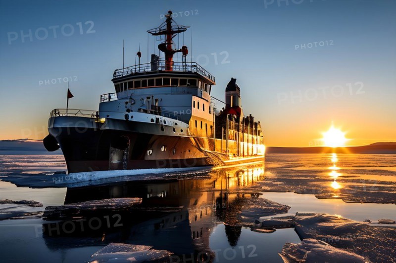Icebreaker ship carving a path through thick ice of the polar region, AI generated