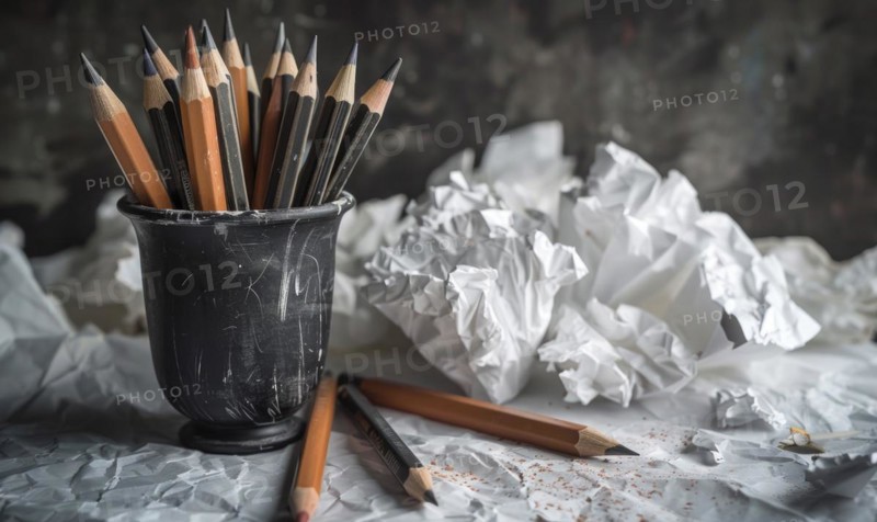 Graphite pencils arranged in a cup on a desk, surrounded by crumpled sheets of discarded white paper AI generated