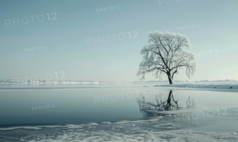 A solitary tree standing on the frozen shore of a lake AI generated