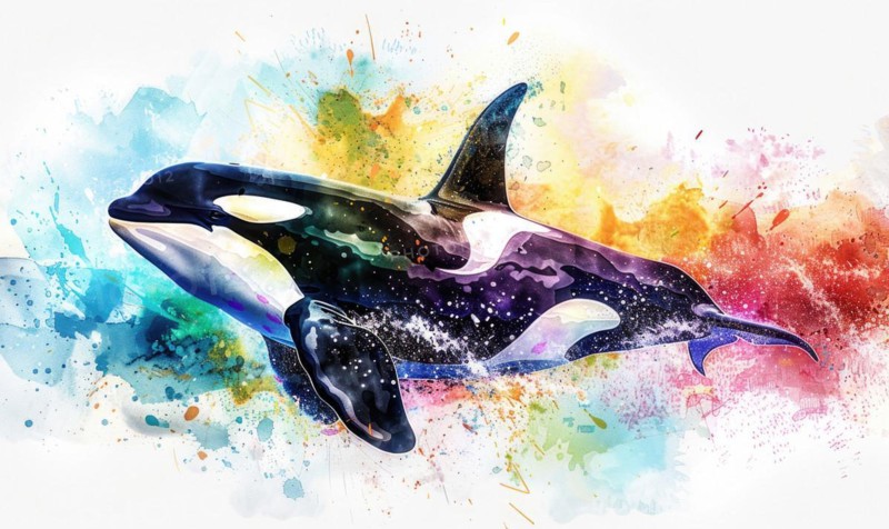 A watercolor depiction of an orca whale breaching the surface against a backdrop of vibrant ocean hues AI generated