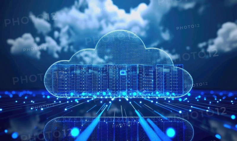 Cloud computing background with server racks and digital data streams AI generated