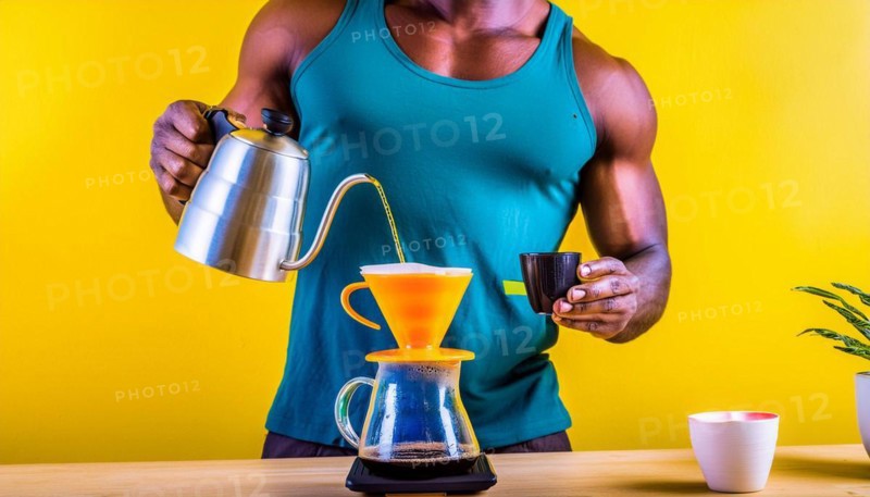 Muscular barista making coffee on a bright yellow background with professional equipment, horizontal, AI generated