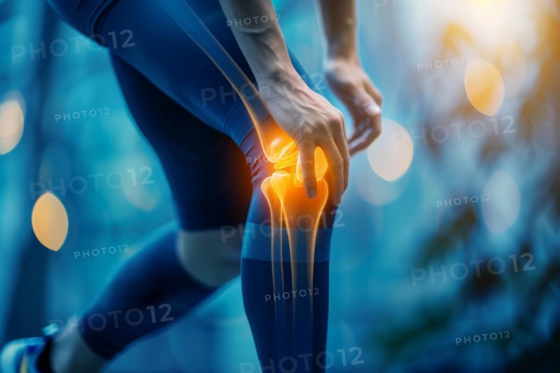 Illustration, biomedical visualisation, painful knee joint during jogging, sports injury, osteoarthritis AI generated, AI generated, AI generated