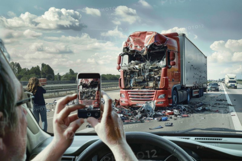 Bystander road user, gawker, photographs a destroyed truck with his smartphone as a result of a serious traffic accident on the motorway, AI generated, AI generated, AI generated